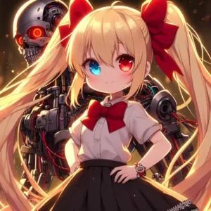 AIプログラミング第1回記事のアイキャッチです。サイボーグと金髪ツインテール少女